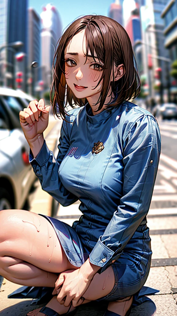 Skyscrapers in the background,masterpiece,Highest quality,High resolution,Anatomically correct,Sweat,Blue suit shirt,,Spread your legs,Spread your legs,Glowing Skin,Ahegao,Forehead,Long Bob,ID card,vibrator,