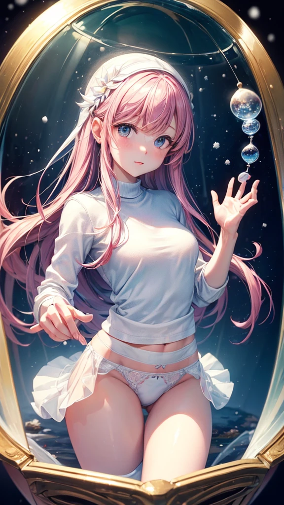(masterpiece, highest quality, ultra high res, ultra detailed:1.3), 1 cute girl, ideal ratio body proportions, (in snow globe:1.4), in container, (herbarium:1.2), (spherical glass), (floating), (zero gravity), (skirt floating up by buoyancy:1.2), solo focus, submerged, underwater, air bubble, bright lighting, spherical glass wall, pink medium hair, small breast, (white panties:1.4),