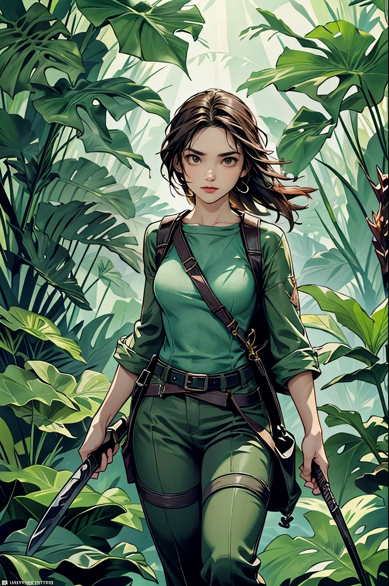 An awe-inspiring, ultra-high-resolution masterpiece of a fearless adventurer standing tall amidst a lush, verdant jungle. The character is dressed in a practical and well-worn outfit, with a machete in hand and a determined expression. The jungle is teeming with life, featuring towering trees, cascading waterfalls, and a diverse array of exotic flora and fauna. The ambiance is a perfect blend of tranquility and adventure, with rays of sunlight filtering through the dense canopy, casting dappled shadows on the ground.