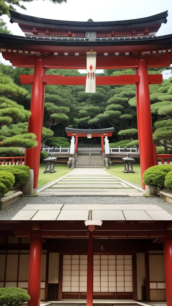 Create a video depicting a traditional Japanese ceremony. The scene should feature an individual dressed in white ceremonial robes, holding a sacred Shinto object adorned with paper streamers, and another object that could be part of the ritual, possibly a plant or floral arrangement. The setting should reflect a serene and respectful atmosphere typical of such ceremonies, with traditional Japanese elements like a Shinto shrine, torii gates, and natural surroundings.