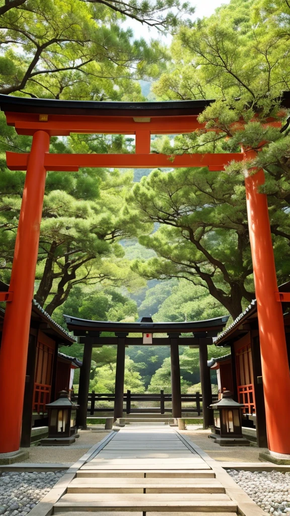 Create a video depicting a traditional Japanese ceremony. The scene should feature an individual dressed in white ceremonial robes, holding a sacred Shinto object adorned with paper streamers, and another object that could be part of the ritual, possibly a plant or floral arrangement. The setting should reflect a serene and respectful atmosphere typical of such ceremonies, with traditional Japanese elements like a Shinto shrine, torii gates, and natural surroundings.
