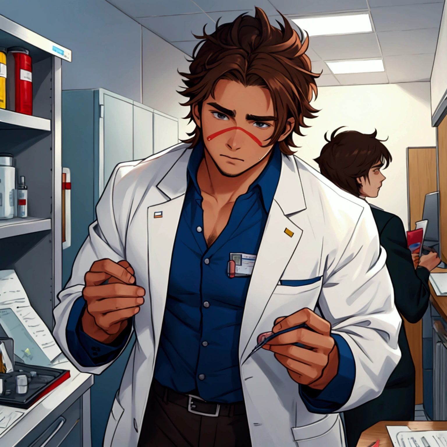 Medicine student ,2nd year , cool , hunk, messy brown hair , in university,uniform