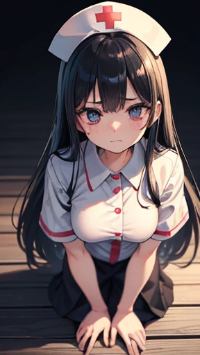 (masterpiece: 1.3、Highest quality、Ultra-high resolution、Very detailed)、(Genuine、Realistic)、born、Beautiful illustrations、Perfect lighting、Natural light、Depth of the Boundary、Beautiful and detailed hair、美しくDetailed face、Beautiful details、、(Perfect Anatomy、Anatomically correct)、Cute and symmetrical face、Baby Face、Perfect Face、Glowing Skin、Long eyelashes、One Woman, Nurse uniform,Nurse cap, Are standing, (I put my hands on my knees), hospital, ((In the crowd)), (Dressed), Black medium long hair, (close your eyes), Open your mouth, (((shy))), ((Embarrassing)), Frowning,Large Breasts, Glamour body, Chest Focus Star Piece, Highest quality:1.4), (8k, RAW Photos, 写真 Genuine:1.2), Glowing Skin, Detailed skin, Detailed face, fine grain,