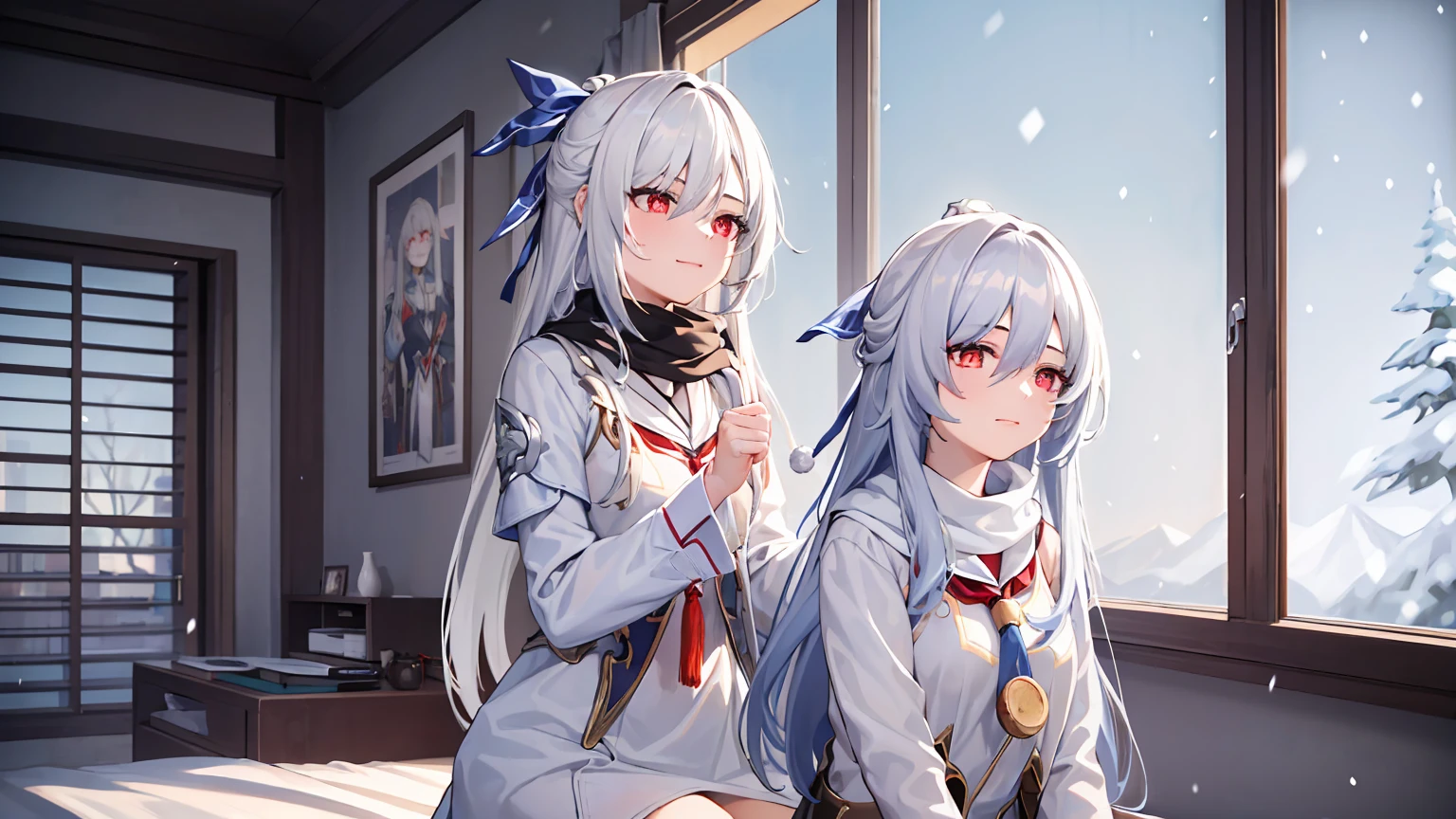 masterpiece, best quality, JingliuV5, 2girls, white hair, long hair, red eyes, white dress, white sailor collar, white scarf, sitting on bed, indoors, bedroom, windows, blue sky, winter, snow, smile, upper body. closed mouth,