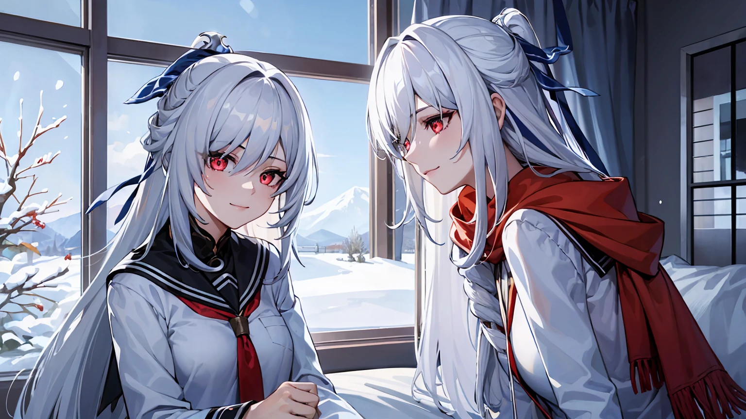 masterpiece, best quality, JingliuV5, 2girls, white hair, long hair, red eyes, white dress, white sailor collar, white scarf, sitting on bed, indoors, bedroom, windows, blue sky, winter, snow, smile, upper body. closed mouth,