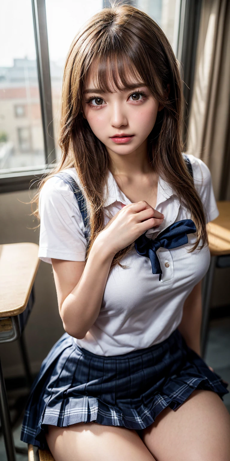 (Browsing Caution:1.3), ((masterpiece)), ((Highest quality)), (Very detailed), ((cute)), cute, (Multi-point), ((sexy)), (device), ((Very detailed)), 4K, (8k), Highest quality, (beautiful), hyper cute face, shape, ,hyper Genuineistic, Genuine, , Thick outline, Clear contours, at school, (1 girl, cute girl:1.5), (Schoolgirl uniform :1.5), Showing panties:1.5),,nipples,(blonde hair),(Blonde girl)(Blonde color),(tan skin:1.2)(taned skin),black eye,highschool girl,(highschool uniforms)、Short sleeve,(check skirt),(white panty), big breasts,(mega breast),(huge breasts),,short hair,(micro-good),most micro size bra,Pink checked bra,,cute pattern pink bra,classroom, , ,japanese ,(begging for forgiveness),ASİAN,,(Glaring)glower,get angry(Angry),(semen on his forehead, face and chest),(emphasize cleavage),(semen on forehead),(semen on your face)(a lot of semen),Crouching cowgirl,photograpy,,prostitute,beautiful skin ,looking here, your chest with your hands,put your hand between your legs,upper body,(glaring at the viewer),