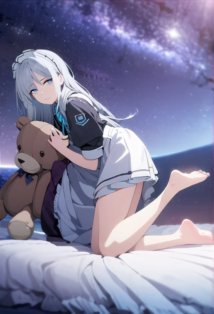 (((masterpiece))), (((best quality))),(((high detail))),light manipulation, girl with long silver hair, gradient purple to sky blue eyes, wearing a maid outfit, galaxy background, holding a teddy bear, feet, no footwear