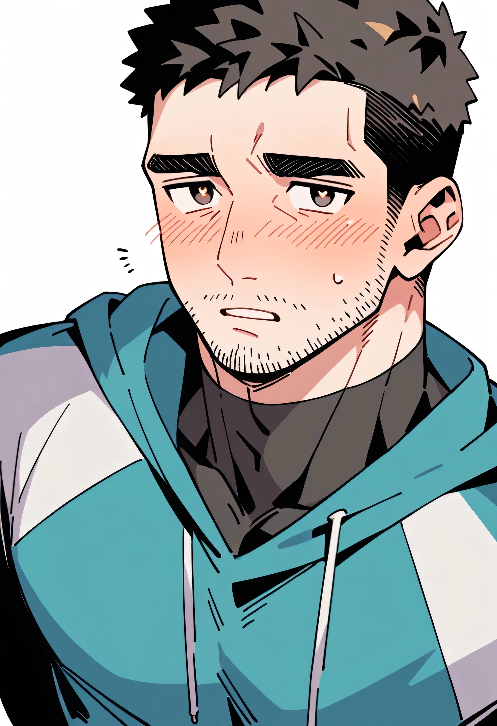 anime characters：Chris Redfield, Muscle Sports Student, Buzz Cut, Manliness, male focus, Sports tight hooded sweatshirt, Wear a black high-necked tights inside, Very tight, full and perky chest muscles, muscular male, muscular, only, Upper body, alone, Red short hair, Thick eyebrows, stubble, Brown-red pupils, White background, simple background, amazing quality, best aesthetics, Ridiculous, crew cut, parted lips, flustered, endured face, shy, blush, negative space, best quality