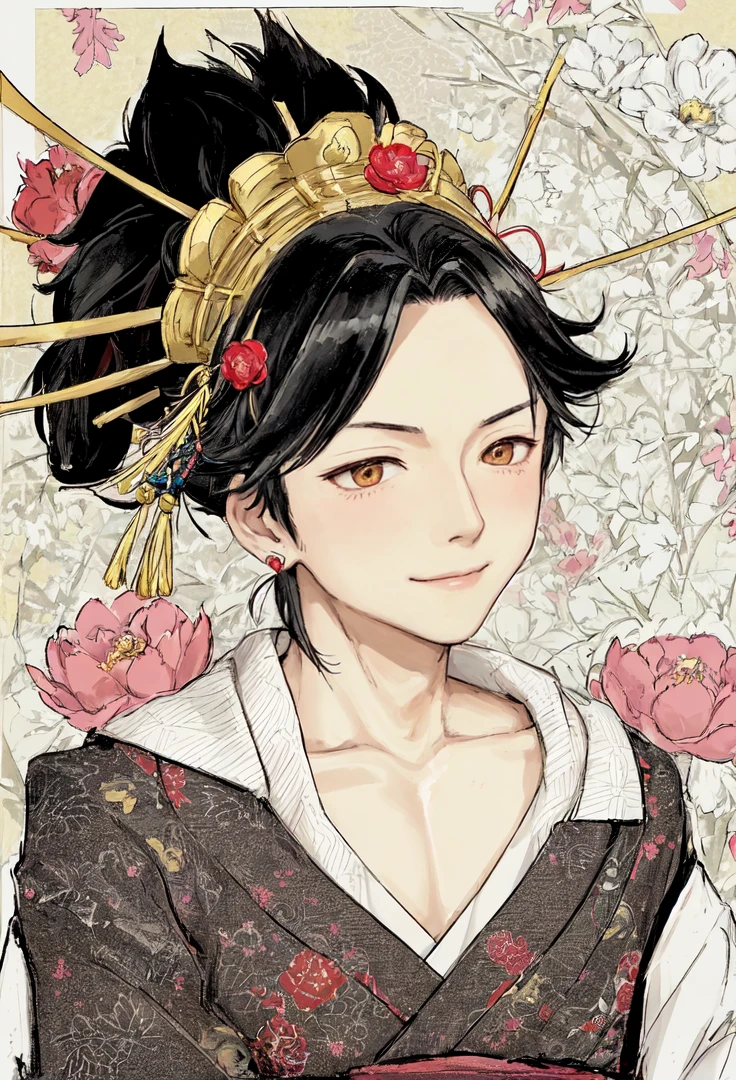 Kuroo from haikyuu, Movie light, fashion, top light, close-up, close-up, spotlight, hazy ,gorgeous clothing japen, Kuroo from Haikyuu smiled happily wears a Kimono with peony and fan pattern that falls over his shoulders  And he wore ornaments on his head like an oiran. long earrings. Close-up shot.