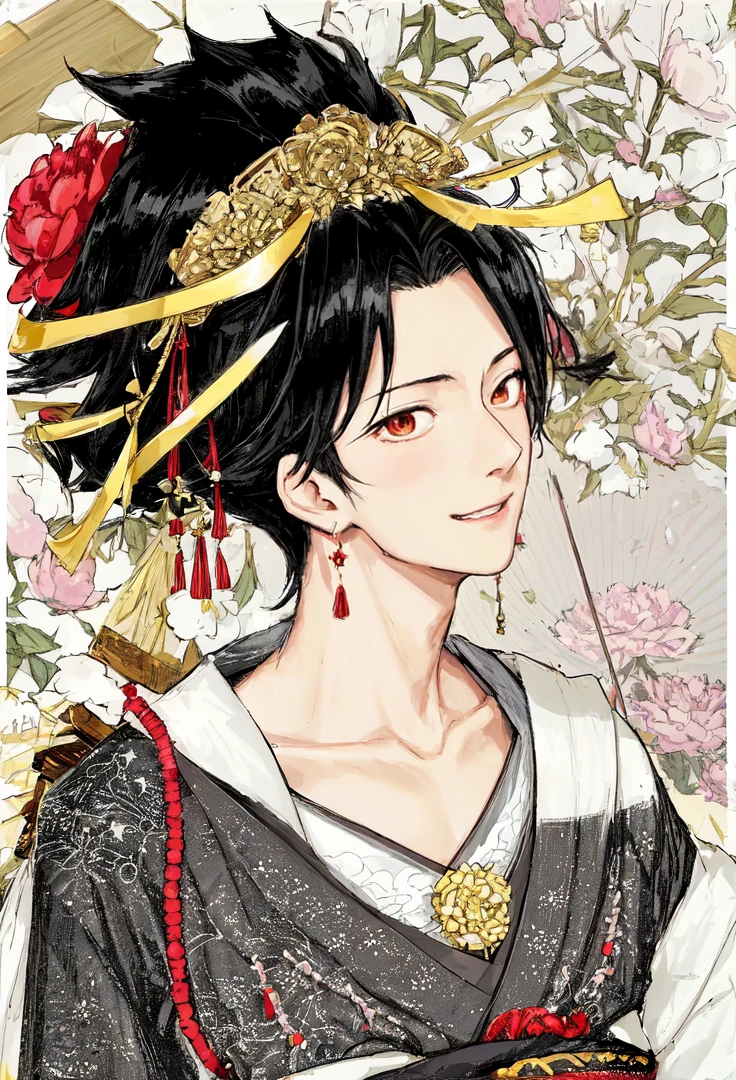 Kuroo from haikyuu, Movie light, fashion, top light, close-up, close-up, spotlight, hazy ,gorgeous clothing japen, Kuroo from Haikyuu smiled happily wears a Kimono with peony and fan pattern that falls over his shoulders And he wore ornaments on his head like an oiran. long earrings. Close-up shot.