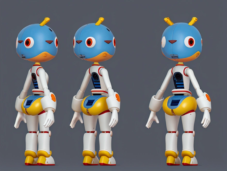 small tender robot like wally-e , short legs, reactangular rectangular head with eyes (front, side, back views of the same character) , white background