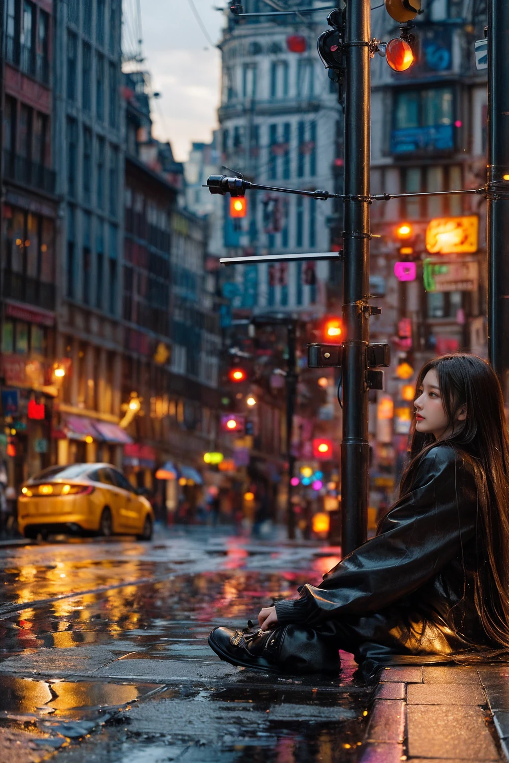 best quality,ultra-detailed,realistic,long hair,girl,raining,street view,portraits,photography,vivid colors,wet pavement,umbrella,city lights,reflections,cityscape,sidewalk,neon lights,traffic,night scene,,serene,urban,atmospheric,bokeh,soft focus,high contrast,damp,cobblestone,characteristic buildings,umbrella reflection,emotion,captivating,inspiring,poetic,fleeting moment,romantic,artist's perspective,instantaneous,fast-paced,chaotic,dynamic,dramatic lighting,shadows and highlights