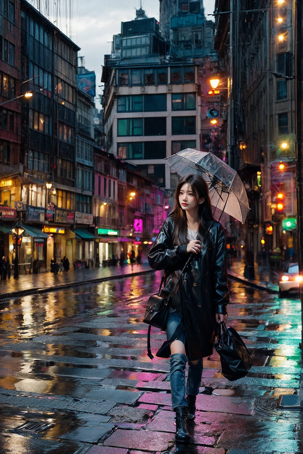 best quality,ultra-detailed,realistic,long hair,girl,raining,street view,portraits,photography,vivid colors,wet pavement,umbrella,city lights,reflections,cityscape,sidewalk,neon lights,traffic,night scene,,serene,urban,atmospheric,bokeh,soft focus,high contrast,damp,cobblestone,characteristic buildings,umbrella reflection,emotion,captivating,inspiring,poetic,fleeting moment,romantic,artist's perspective,instantaneous,fast-paced,chaotic,dynamic,dramatic lighting,shadows and highlights