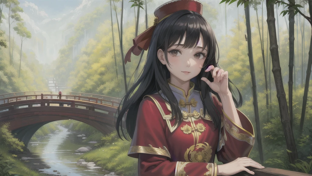 ((realistic)), Highest quality, (masterpiece:1.2), figure, Absurd, (A girl lying face up, alone), (Beautiful detailed girl), Bridge, Black Hair, Long Hair, Brown eyes, 赤いhat, hat, Red dress, Chinese clothing, Red Shoes, (Happy:1.1), View your viewers, In the bamboo forest, Chinese architecture, stream, ((Leaning forward)), (Upper Body, Portraiture),