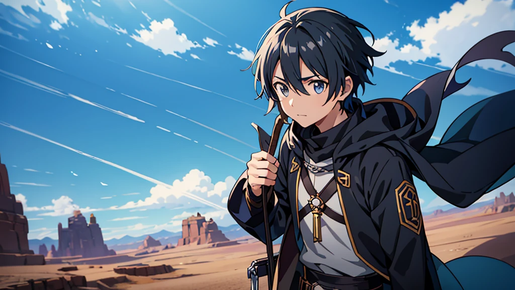 Close-up of a man holding a walking stick in the desert, Kirito, isekai, popular Isekai anime, Mushoku Tensei, Key Anime Art, Sword Art Online, Official Art, The final exile, The final exile anime, SAO-style anime, Thin young male alchemist, Silver, Key Visual, Keqing of Genshin Impact, Pin on anime