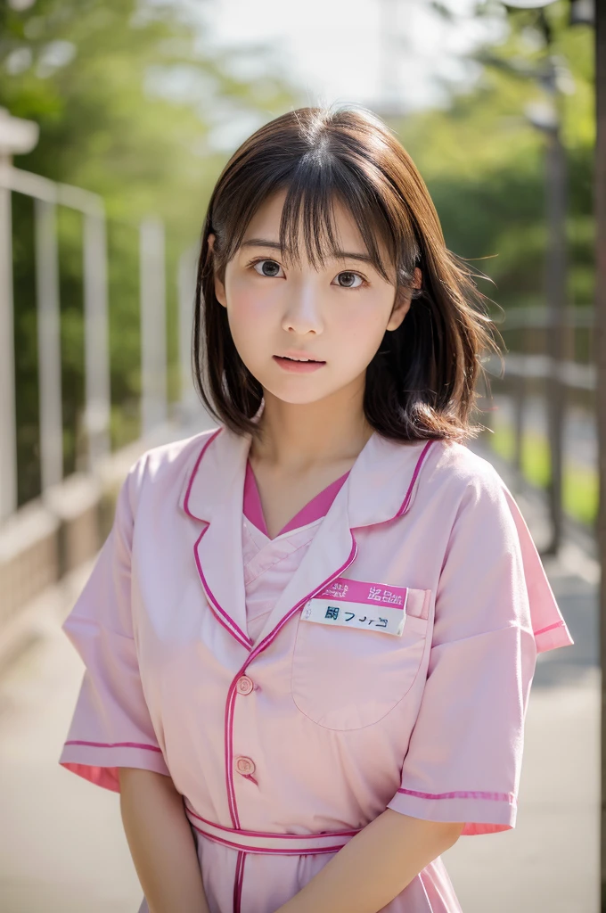 ((highest quality, masterpiece :1.3)), Photorealistic、Ultra-high resolution、Natural skin texture、Hyperrealism、Reflection from the waist up、Beautiful Japanese girl in her early teens、One girl、Larger breasts、Pink nurse uniform、Frightened expression、Eyes are unfocused