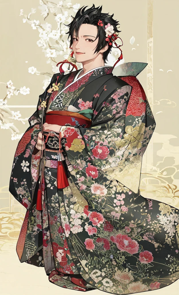Kuroo from haikyuu, Movie light, fashion, top light, close-up, close-up, spotlight, hazy ,kuroo Kotaro from haikyuu,Strong and masculine body with gorgeous clothing japen, Kuroo from Haikyuu smiled happily. Turning around, the others saw the pattern of the kimono he had received. Kimono with peony and fan pattern And he wore ornaments on his head like an oiran.