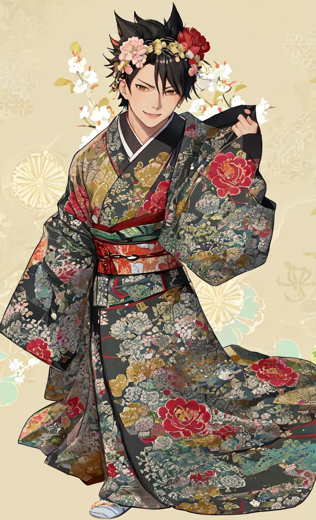 Kuroo from haikyuu, Movie light, fashion, top light, close-up, close-up, spotlight, hazy ,kuroo Kotaro from haikyuu,Strong and masculine body with gorgeous clothing japen, Kuroo from Haikyuu smiled happily. Turning around, the others saw the pattern of the kimono he had received. Kimono with peony and fan pattern And he wore ornaments on his head like an oiran.