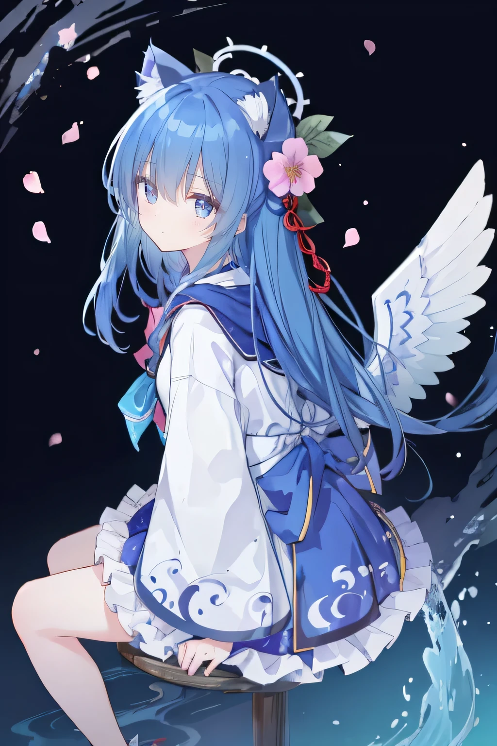 (masterpiece:1.2),Super detailed,lifelike,Expressive eyes,fair skin,perfect face shape,1 girl,
Japanese comics,Gorgeous blue hair,flowing blue hair,flowing clothes,Cat ears,Petals fall,beautiful lola,Baby Angel,
Shaking head with one hand,Cross your legs,Gentle and peaceful background,The pavilion is cool and comfortable,smile, wearing hoodie, background of tokyo,back views,Looking up from below。