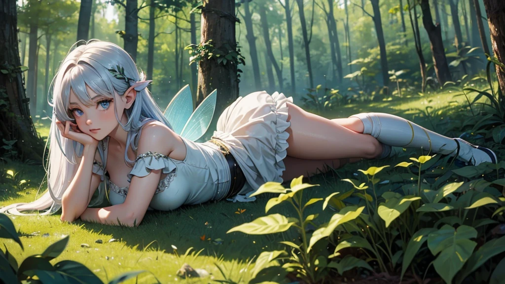 (best quality,highres),cute little innocent pure fairy with transparent wings,white mini dress,no panties,raping with penis,sleeping,closed eyes,ass view,pussy view,thick thighs,long light blue hair,laying on the grass,laying on belly,not smiling,ultra-detailed,portraits,vivid colors,painting-like,soft lighting