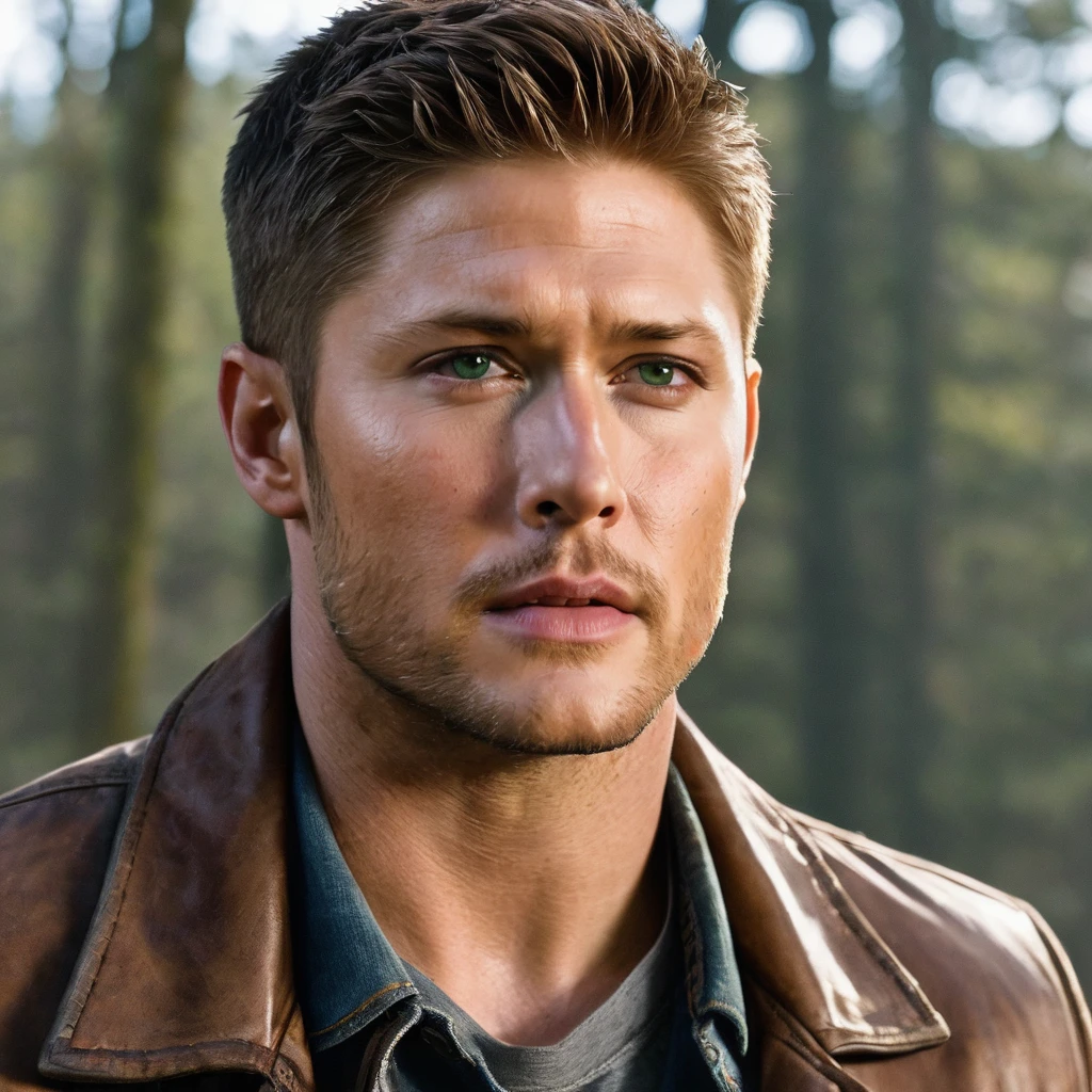 In the center of the image is Jensen Ackles playing Dean Winchester. He is a man of medium to tall stature, with about 1,83 meters (6 feet) Tall. Dean has a stocky, muscular build, suitable for your hunting life. Her hair is light brown, short and combed to the side in a clean and practical way. His face is angular, with a strong jaw and expressive green eyes that convey determination and vulnerability. He has a serious and intense expression. Dean is dressed in a brown leather jacket, a simple gray t-shirt, distressed jeans and brown work boots.

To Dean&#39;s left is Jared Padalecki as Sam Winchester. Sam is very tall, with about 1,93 meters (6 feet e 4 polegadas). He has a muscular and athletic build, but a little slimmer compared to Dean. Her hair is dark brown e mais longo, falling to his shoulders. Sam has an elongated, well-proportioned face, with a strong jaw and pronounced cheekbones. His eyes are brown and express concern and empathy. He also has a serious and contemplative expression. Sam is dressed in a red and black plaid flannel shirt., a white t-shirt underneath, blue jeans and brown work boots.

To Dean&#39;s right is Misha Collins as Castiel. Castiel is of average height, with about 1,83 meters (6 feet) Tall, similar to Dean. He has a slim and muscular build, giving you a more angelic appearance. Her hair is dark brown, short and slightly disheveled. Castiel has an angular face with a strong jaw and defined features.. Your eyes are blue, conveying mystery and intensity. He has a serious and introspective expression, with a distant look. Castiel is dressed in a long beige trench coat, a dark suit underneath and a blue tie, completing her iconic angel look.

All three characters are looking straight ahead with serious expressions., conveying intensity and weight