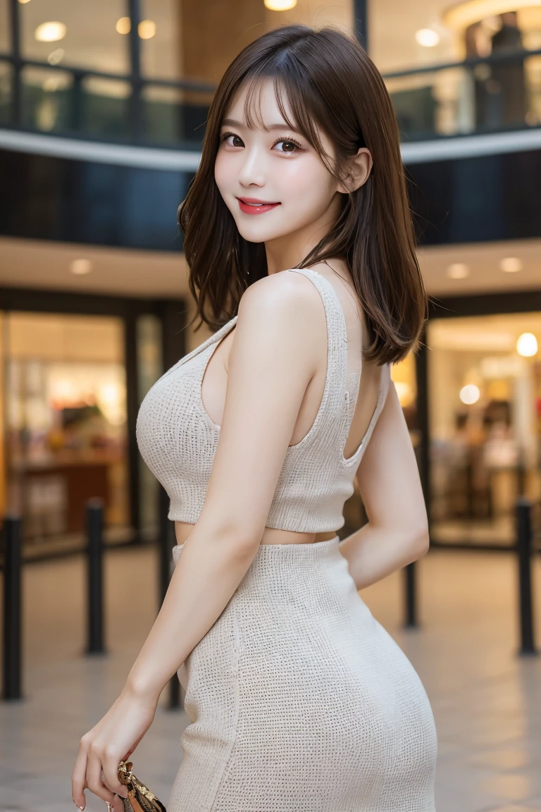 Shopping mall , Highest quality, shape, Very detailed, In detail, High resolution, 8k wallpaper, Perfect dynamic composition, Beautiful details,  Natural Lip, Too cute outfit, Big Breasts, , She is smiling in a cute pose.., A masterpiece of the whole body, Side Short