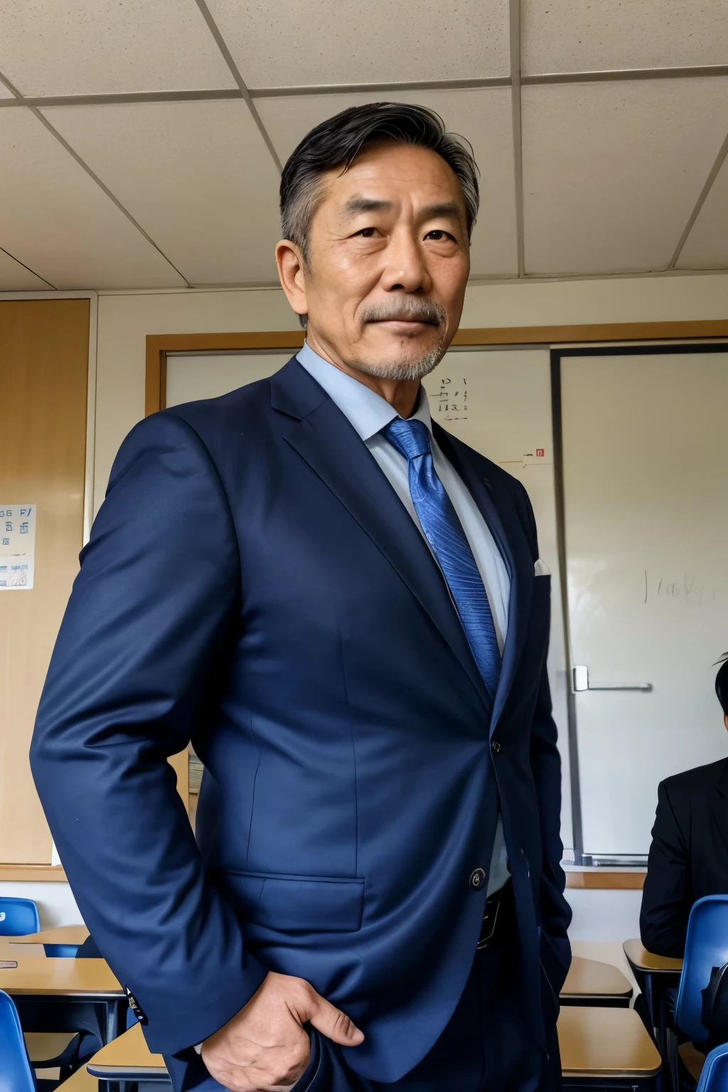 60-year-old Japanese man,He has the face of a rugby player,禿げている,elementary school teacher,A little hairy,Wearing a suit,In the classroom