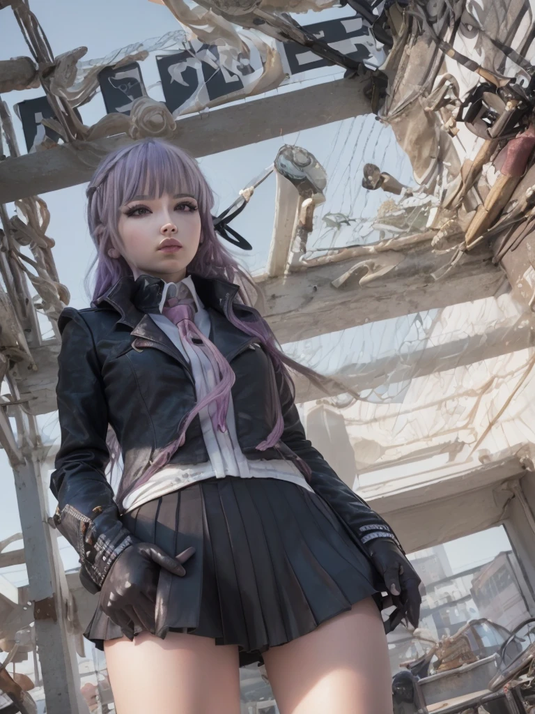 photo Realistic, masutepiece, Realistic, High contrast, hyper Detailed, Best Quality, 超A high resolution, photo Realistic, High resolution, Detailed, Raw photo, Kyoko Kirigiri, Long hair, Purple hair, Side braid, Blunt bangs, Hair Ribbon, a black ribbon, High collar, Brown tie, Black Motorcycle Jacket, Long sleeves, Black Gloves, Black mini skirt, Pleated skirt,(( Black long boots)), (((Full Shot))), Danganronpa \(Series\), Street, Full Shot, Looking at Viewer, White shirt, Woman, (((From below))), Busy city, foreshortening, (Pose Seductive), Looking at Viewer, mad, (eyecontact), japanaese girl,