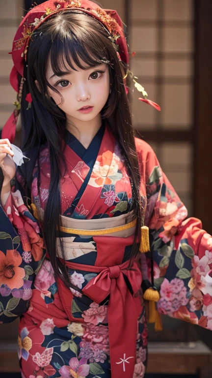 full boby、One girl、Body facing forward、The whole body is visible、Beautiful Face、Big eyes、Dark Eyes、Black Hair、Bobbed hair、The front hair is trimmed、Wearing a kimono、red floral kimono、Looks like a checkered doll、Realistic、Looks like a Japanese doll、The background is the inner room