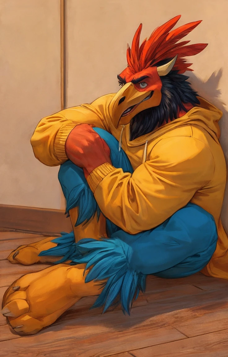 naughty man,rooster head and man body, wearing yellow sweatshirt. Bright feathers, muscled body, shy smile, scratching on the floor.