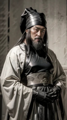 (((Three Kingdoms Monochrome)))、(((Tying up hair、Wearing a black swimming cap、Young man in armour)))、（（Bearded man in ancient Chinese armor））、（Ink Painting）、Highest quality、masterpiece、Ultra-high resolution、(Realistic:1.4)、Game Poster、Oriental、As seen in the Romance of the Three Kingdoms々military commander、Crisp and beautiful image quality ,(Skin of color)、 gloves, Long trousers, (Very detailed, bloom:1.5), (Highest quality, Concept Art, 4K), (analog:1.2), (high sharpness), (Detailed pupil:1.1),,Detailed face and eyes, masterpiece, Highest quality, (Very detailed:1.1), 8k, photoRealistic, (PurerosFace_v1:0.2), [:(Detailed face:1.2):0.2], sharp,Realistic Shadow, 