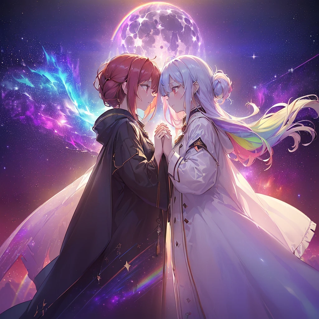 ((((((Two Women)))))) (((((Put your hands together、Two people facing each other、close Galaxy Background、Shine))))) ((((Fantasy Rainbow colors、Long Hair、Swaying in the Wind Dull red eyes Put on a coat without putting your arms through it)))) (((Lonely、tears、despair))) ((tears gloves)) (Distorted Space-Time Big full moon) Shine背景 Particles of light, Shineエッジ