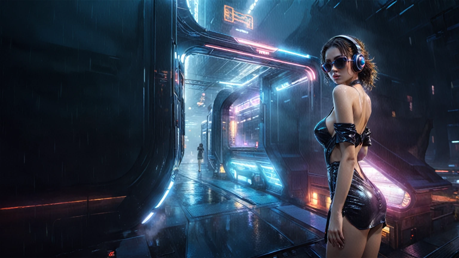 (((aerial view))), Blade Runner style futuristic railway platform, hi-tech train, neon lights, rainy night. (1girl, solo, alone), large-breast:1.2 slim body, cleavage:1.1, sexy lingerie with wet jacket, headphone, (black sunglasses), (((she raised a pistol:1.8 and shot:1.8 the viewer))), dynamic pose, (((half-body thigh level medium shot))), cinematic lighting, lens flare, ray tracing, blurred:1.4 background.