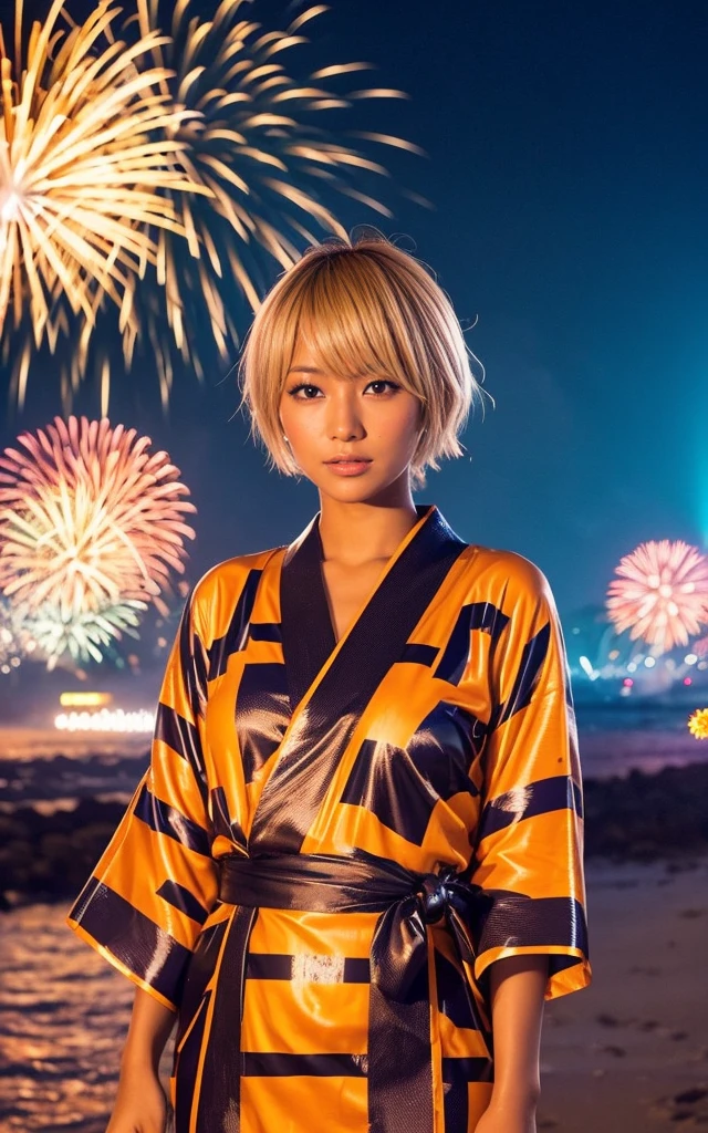 gyaru, dark-skinned, shiny oiled skin, blond hair, short cut hair, wearing vivid yukata, standing in seaside beach, dark-night, deep fog, orange lanthanum light, Fireworks Festival Venue, Fireworks in the background, cinematic lighting, face close up
