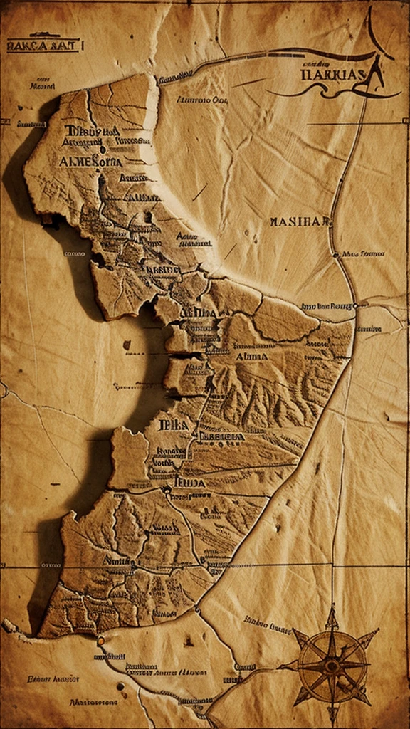 An ancient map of the Sahara desert with markings of possible treasures and lost expeditions.