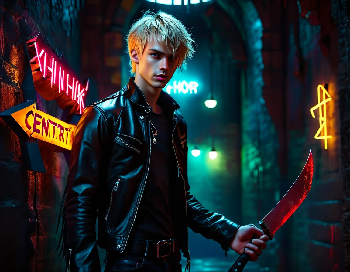 Photorealistic, dark vibes, solo, young man, forward facing shot, volumetric lighting, 22 years, pale skin, model (skinny:1.3), (short textured messy blond hair with fringe:1.5), BDSM dungeon background, (black leather jacket:1.3), holding knife, dark lighting, demonic smirk, (1 solo neon sign that says:"CONTEXT":1.8)