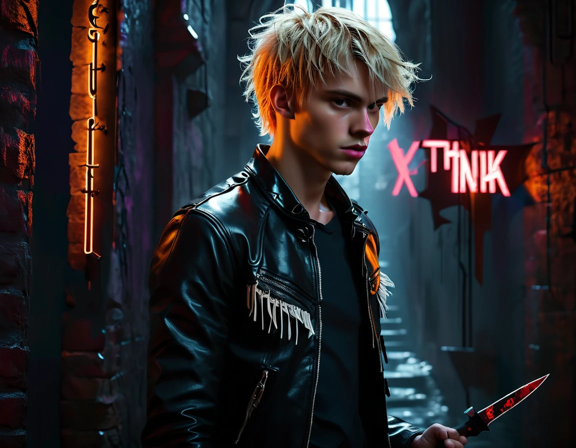 Photorealistic, dark vibes, solo, young man, forward facing shot, volumetric lighting, 22 years, pale skin, model (skinny:1.3), (short textured messy blond hair with fringe:1.5), BDSM dungeon background, (black leather jacket:1.3), holding knife, dark lighting, demonic smirk, (1 solo neon sign that says:"CONTEXT":1.8)