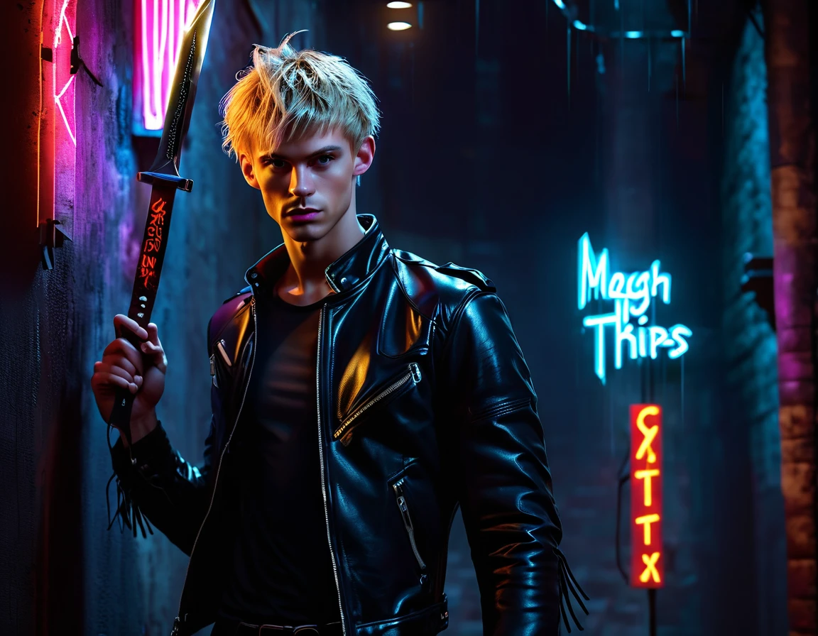 Photorealistic, dark vibes, solo, young man, forward facing shot, volumetric lighting, 22 years, pale skin, model (skinny:1.3), (short textured messy blond hair with fringe:1.5), BDSM dungeon background, (black leather jacket:1.3), holding knife, dark lighting, demonic smirk, (1 solo neon sign that says:"CONTEXT":1.8)