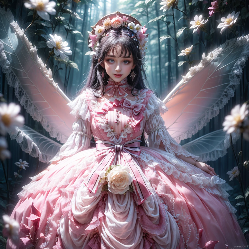 (highest quality, masterpiece, Super detailed, very detailed, exquisite, 16K,Full HD),dramatic lighting, warm lighting, soft lighting, environmental lighting, ((alone:1.5)),From the side,white background,From above,((head shot)),wake up,large amount of flowers,The entire screen is surrounded by flowers,in the forest,(Crystal Forest),(fairy princess, purple eyes, long eyelashes,white skin,slim,Pale pink lip,pale pink cheeks, bionde,thin and long,(thin and high nose,small nose),(From above her waist, a giant fairy wing),Diamond Tiara,diamond earrings,Diamond Choker,white ball gown dress with diamonds, lace and ruffles,(laughter), (fantasy, romantic atmosphere), magic light,