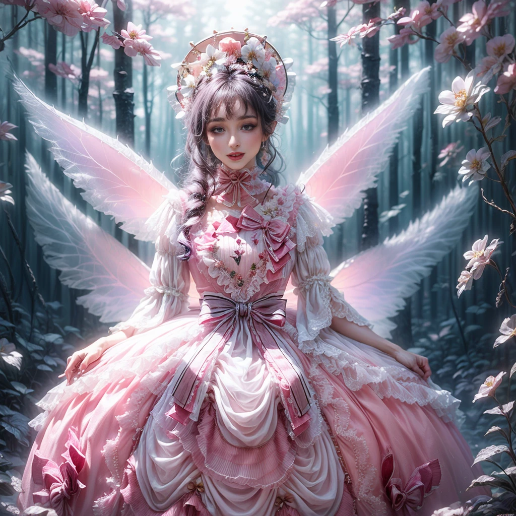 (highest quality, masterpiece, Super detailed, very detailed, exquisite, 16K,Full HD),dramatic lighting, warm lighting, soft lighting, environmental lighting, ((alone:1.5)),From the side,white background,From above,((head shot)),wake up,large amount of flowers,The entire screen is surrounded by flowers,in the forest,(Crystal Forest),(fairy princess, purple eyes, long eyelashes,white skin,slim,Pale pink lip,pale pink cheeks, bionde,thin and long,(thin and high nose,small nose),(From above her waist, a giant fairy wing),Diamond Tiara,diamond earrings,Diamond Choker,white ball gown dress with diamonds, lace and ruffles,(laughter), (fantasy, romantic atmosphere), magic light,