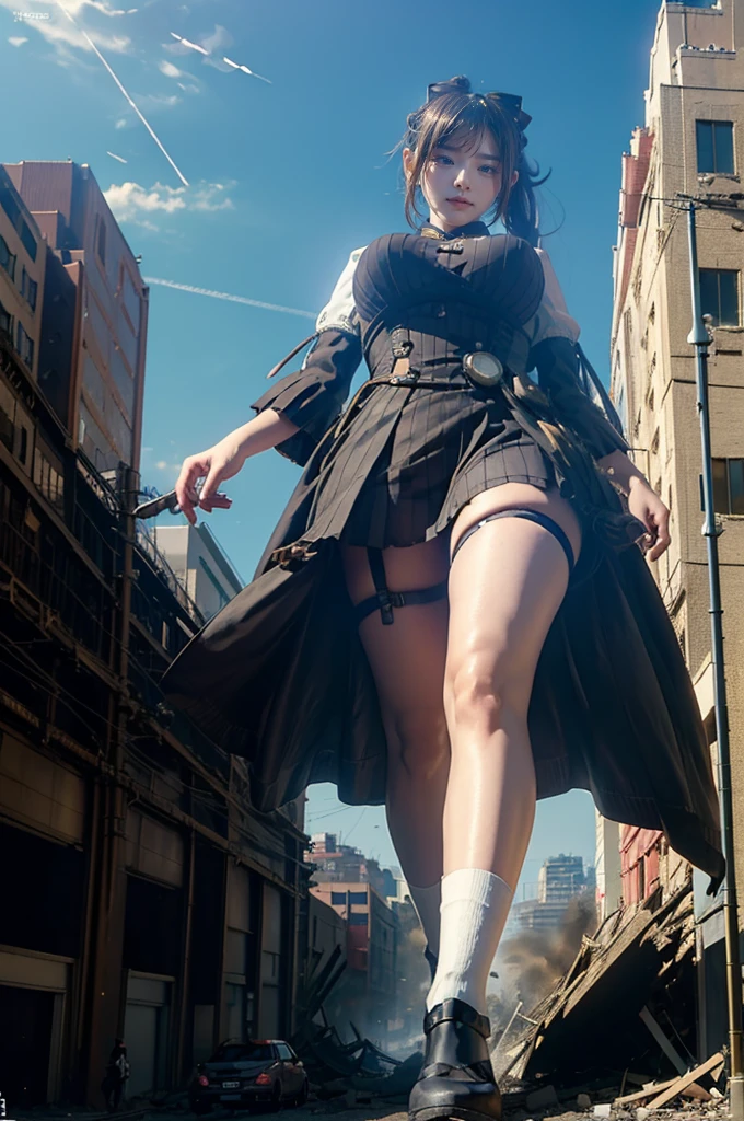 looking at the camera、steampunk、Standing on top of a ruined building、Big building explosion、The building collapses、Urban hustle and bustle、Traffic jam、City of Rubble、street tree、Car and bus、truck、taxi、City boulevard、Pedestrian bridge、Streetcar route((((Azur Lane Cheshire Cosplay))))、Frilled maid outfit、（(Super huge breasts)）、（(Plump thighs)）、Ground View，City of Giants,500 foot tall giant girl，skyscraper,Has super long legs,Step into the crowd，There are many people on the street,Knee-high socks，A happy look，Standing on the ruins，Beautiful appearance，Exquisite makeup，quality，8k，高quality，Perfect Proportions, Cinema Lighting，Film Grain，The Colors of Fuji，8k，Textured skin，Super Detail，High detail，high quality，High resolution，explode，False Smile、Reaching out