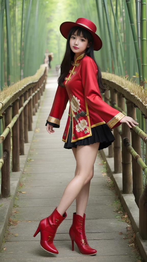 ((realistic)), Highest quality, (masterpiece:1.2), figure, Absurd, (A girl covered in wounds, alone), (Beautiful detailed girl), Bridge, Black Hair, Long Hair, Brown eyes, 赤いhat, hat, Red dress, Chinese clothing, Red Shoes, (Happy:1.1), View your viewers, In the bamboo forest, Chinese architecture, stream, ((Leaning forward)), (Upper Body, Portraiture),