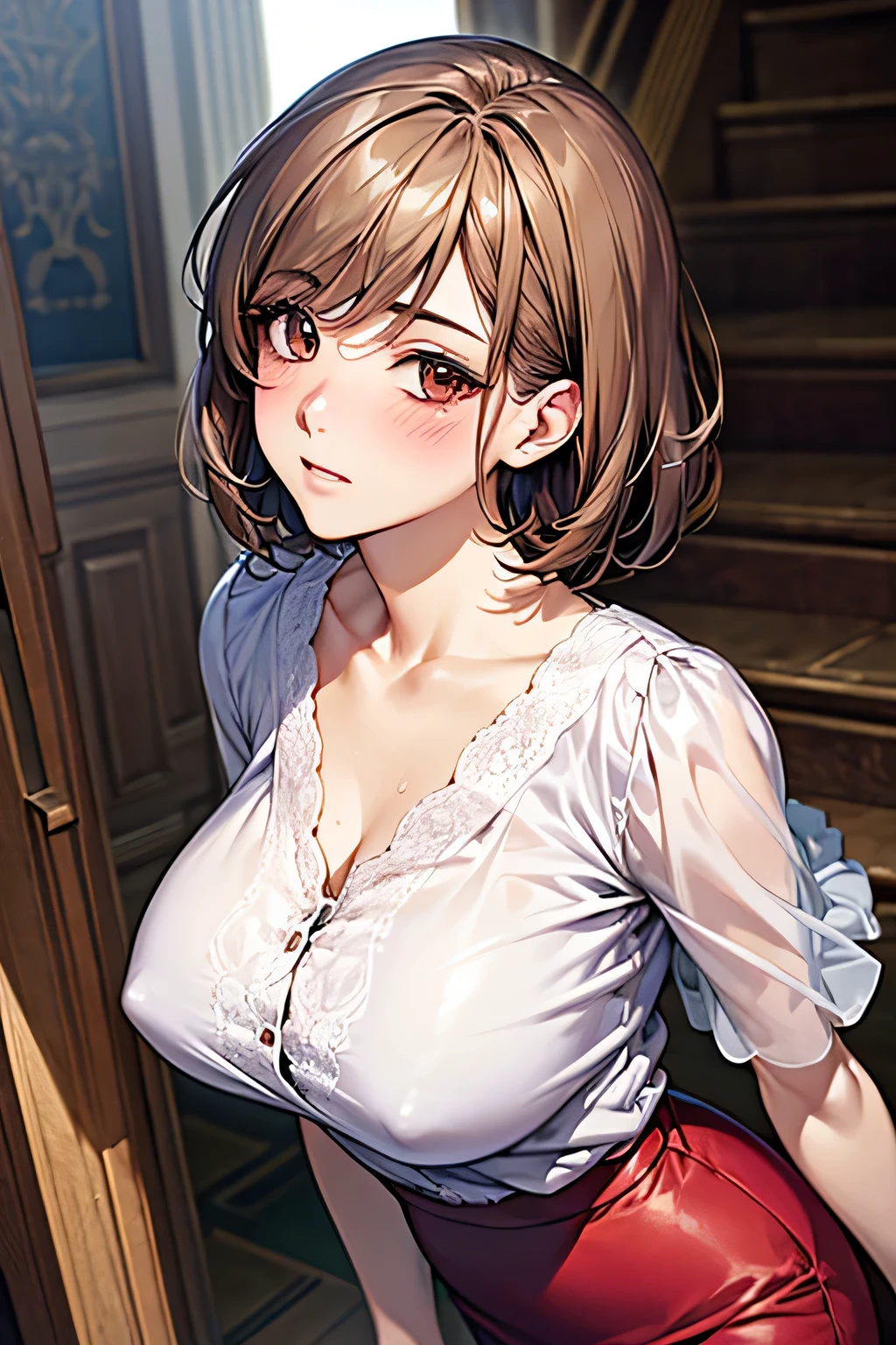 One Woman, alone, middle aged, Beautiful middle aged woman、I could see the whole body、 ((short hair)), ((Brown eyes, Beautiful eyelashes, Realistic eyes)), ((Detailed face, blush:1.2)), ((Smooth texture:0.75, Realistic texture:0.65, Realistic:1.1, Anime CG style)), ((Glamorous Body)),((Big Breasts)), Dynamic Angle, Perfect body, ((Light purple transparent blouse, Red Skirt))、(Hotel stairs)、that&#39;the wind is strong、(Very embarrassing panic smile)、I can see her panties peeking out in front of me.., Angle looking up from the top of the stairs、 (((The wind blew up her skirt、Your pants are completely visible..、Pink Floral Panty Star Piece, Highest quality, High resolution, Pixel perfect, 8k,))), 