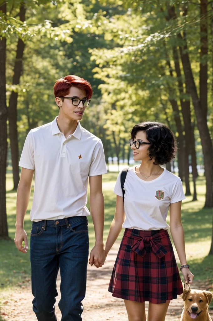 create an image with two people, a girl with light skin with black glasses, red hair up to her waist, she is thin with a little thick legs, and the boy taller than her with light skin, with black glasses, freckles on his nose, short black hair., thin and they are both dressed in a flannel from the Barcelona soccer team and she has a skirt and he has jeans and they both have white rubber bands they are in a park with many trees and a lake and there is a Golden Retriver dog too
