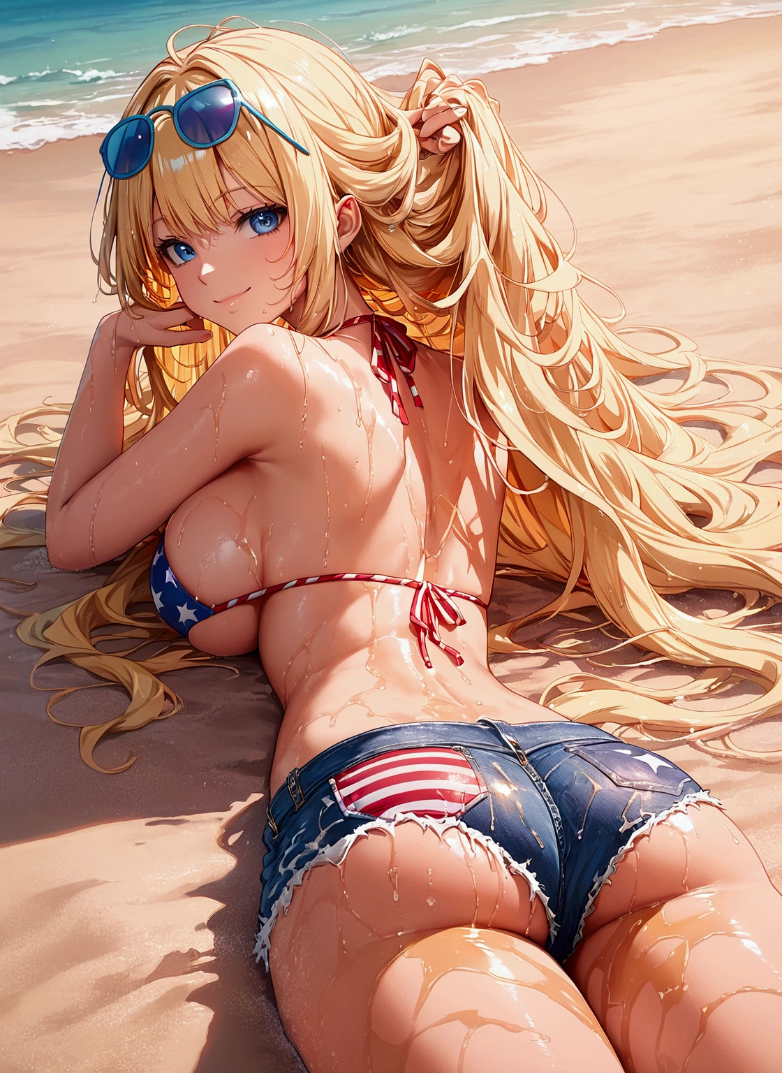 score_9, score_8_up, score_7_up, rating_safe, masterpiece, best quality, very aesthetic, absurdres, 1girl, solo, blonde hair, long hair, messy hair, bangs, blue eyes, smile, pink cheek, denim shorts, (american flag bikini), bikini under clothes, (eyewear on head, sunglasses), large breasts, ass, wet, wet body, oil, gleaming skin, on stomach, from behind, back, outdoors, sand, leisure seat
