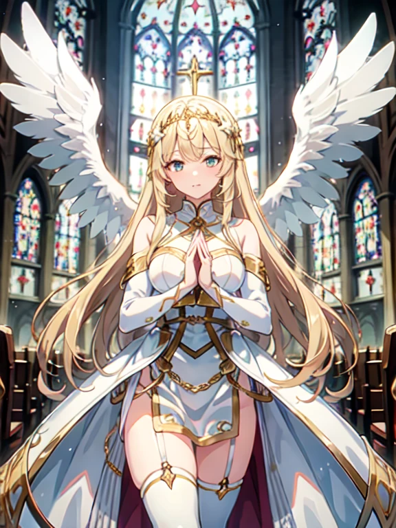 ((Highest quality)), ((masterpiece)), (detailed), Perfect Face, Perfect Arms, Perfect hands, Perfect Fingers, anime, Ultra-fine illustration, One girl, ((goddess)), (Angel Wings), Blonde Long Hair, prayer, church, indoor, (shine), Sparkling, Light effects, Cowboy Shot,