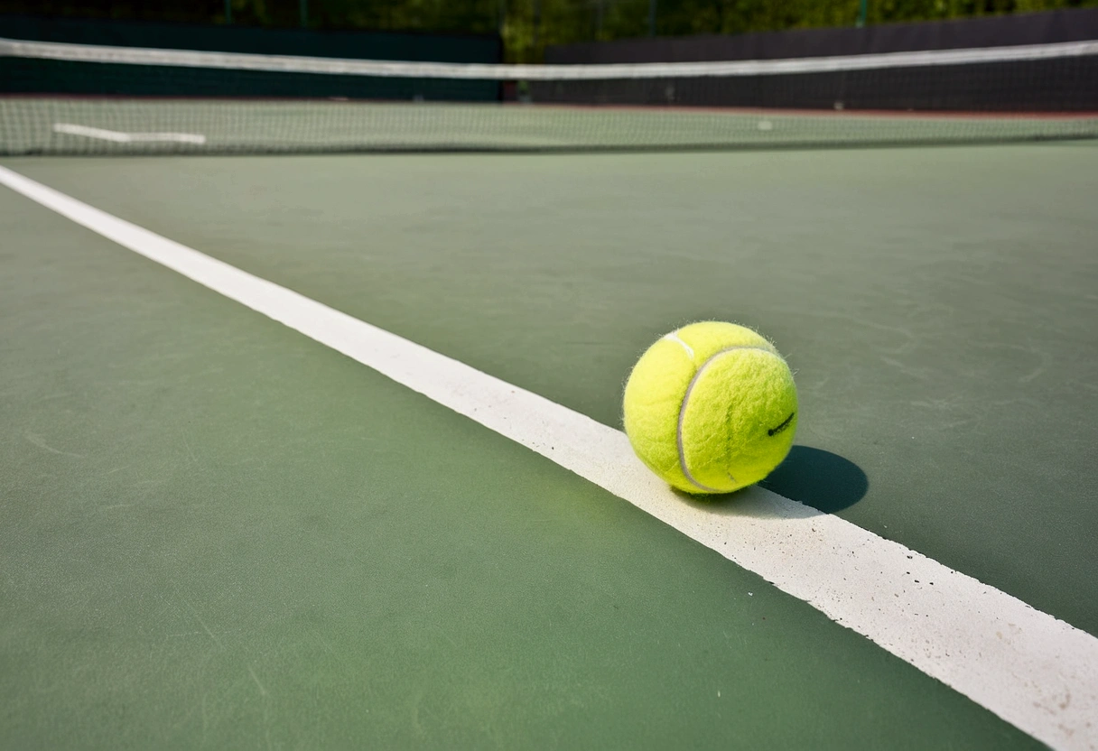 a picture of a tennis ball on the floor, tennis court in the background like in a commercial, tennis court is out of focus