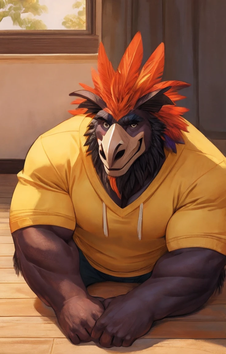 naughty man,rooster head and man body, wearing yellow sweatshirt. Bright feathers, muscled body, shy smile, scratching on the floor.