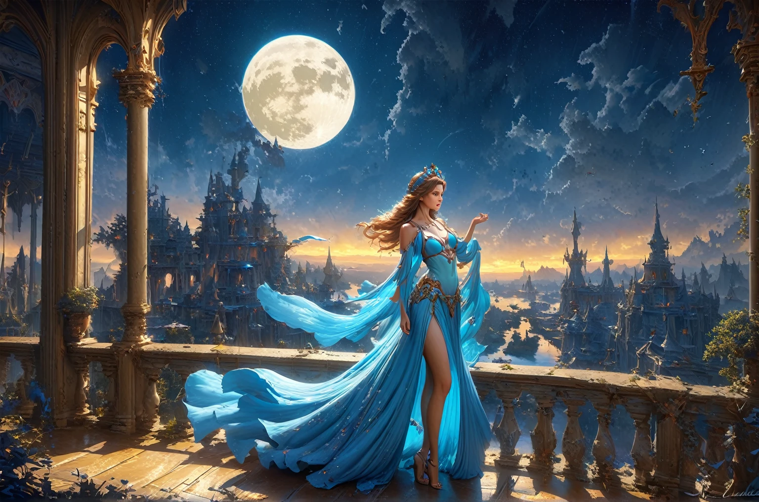 a woman in a blue dress standing on a balcony with a full moon, by Alexander Kucharsky, beautiful fantasy art, beautiful fantasy maiden, very beautiful fantasy art, breathtaking fantasy art, fantasy woman, digital art fantasy art, beautiful sorceress, fantasy style art, princess jasmine, michael cheval (unreal engine, fantasy art, fantasy digital art