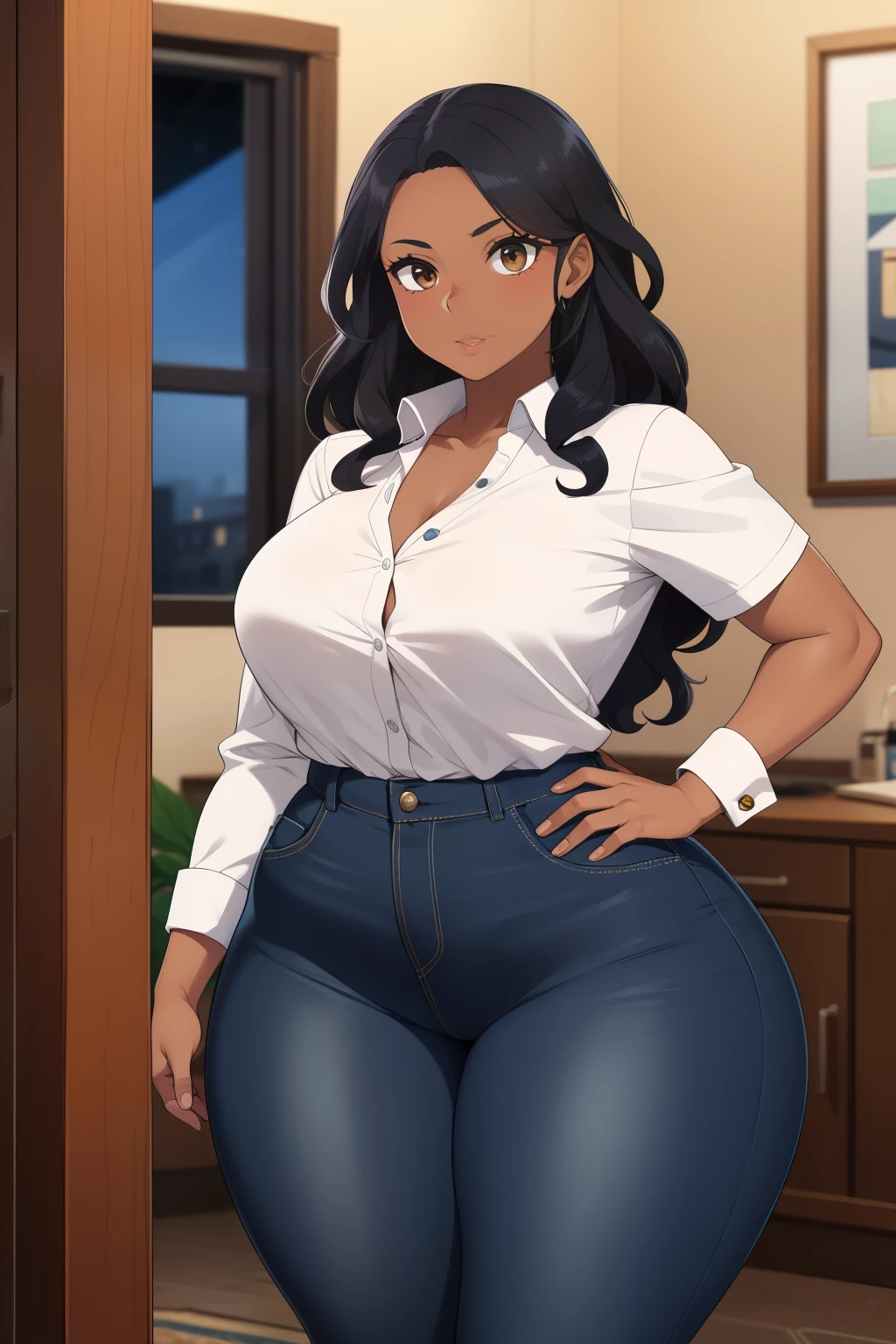 ung woman, black dark skin, long black curly hair, wearing blue jeans, white tucking in shirt, in her house, brown eyes, she notices something, huge hips, thick thighs